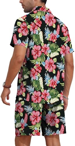 YTD Mens Flower Hawaiian 2 Piece Outfit Sets Short Sleeve Beach Casual Button Down Shirt and Shorts Suits