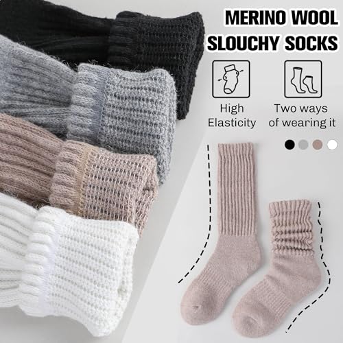 EBMORE Merino Wool Slouch Boot Socks Thermal Warm Winter Thick Scrunch Cozy Crew Socks for Women 4 Pairs