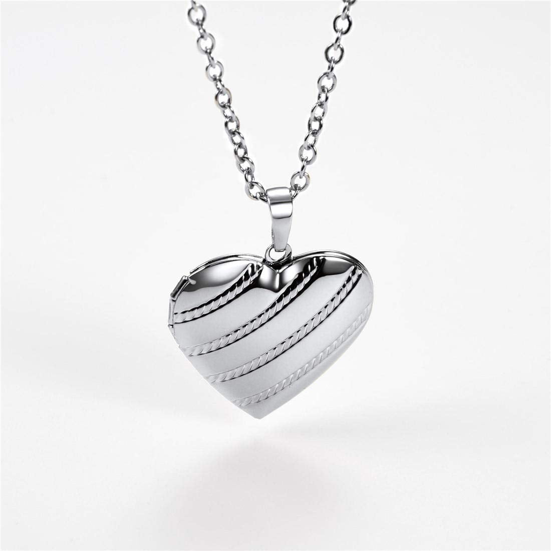 U7 Platinum Stripe Memorial Photo Locket Necklace for Women, Heart Pendant with Picture or Urn Ashes Compartment, Hypoallergenic