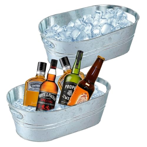 2 Pack Galvanized Tub Ice Bucket Large Metal Drink Buckets for Parties Beer Beverage Tub with Carry Handles for Champagne ...