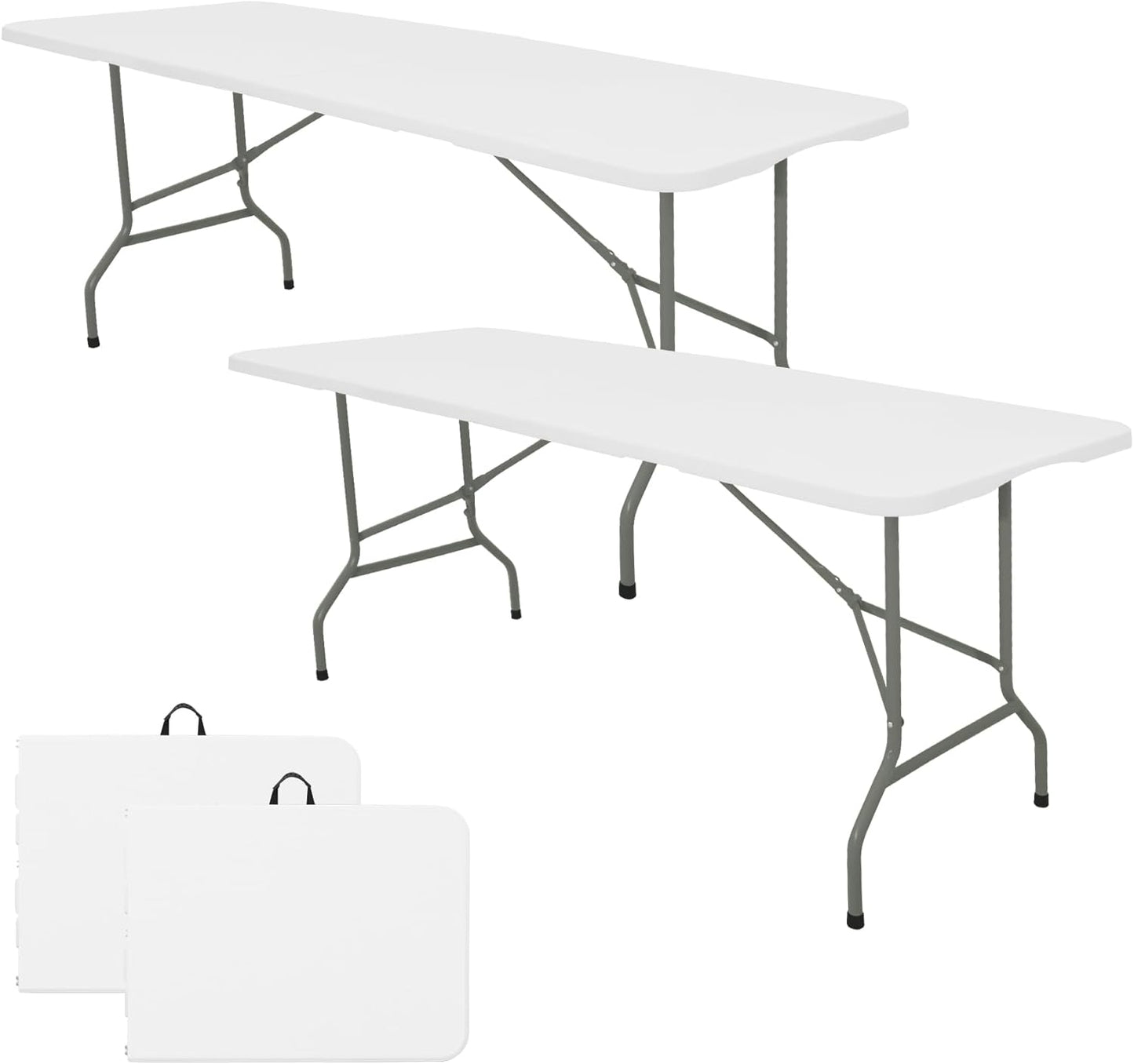 Set of 2 Folding Table 5 FT Camping Table Portable Heavy Duty Plastic Rectangular Outdoor Dining Table Steel Legs Fold-in-Half with Carrying Handle for Indoor,Picnic,Party,Wedding,Events(White)