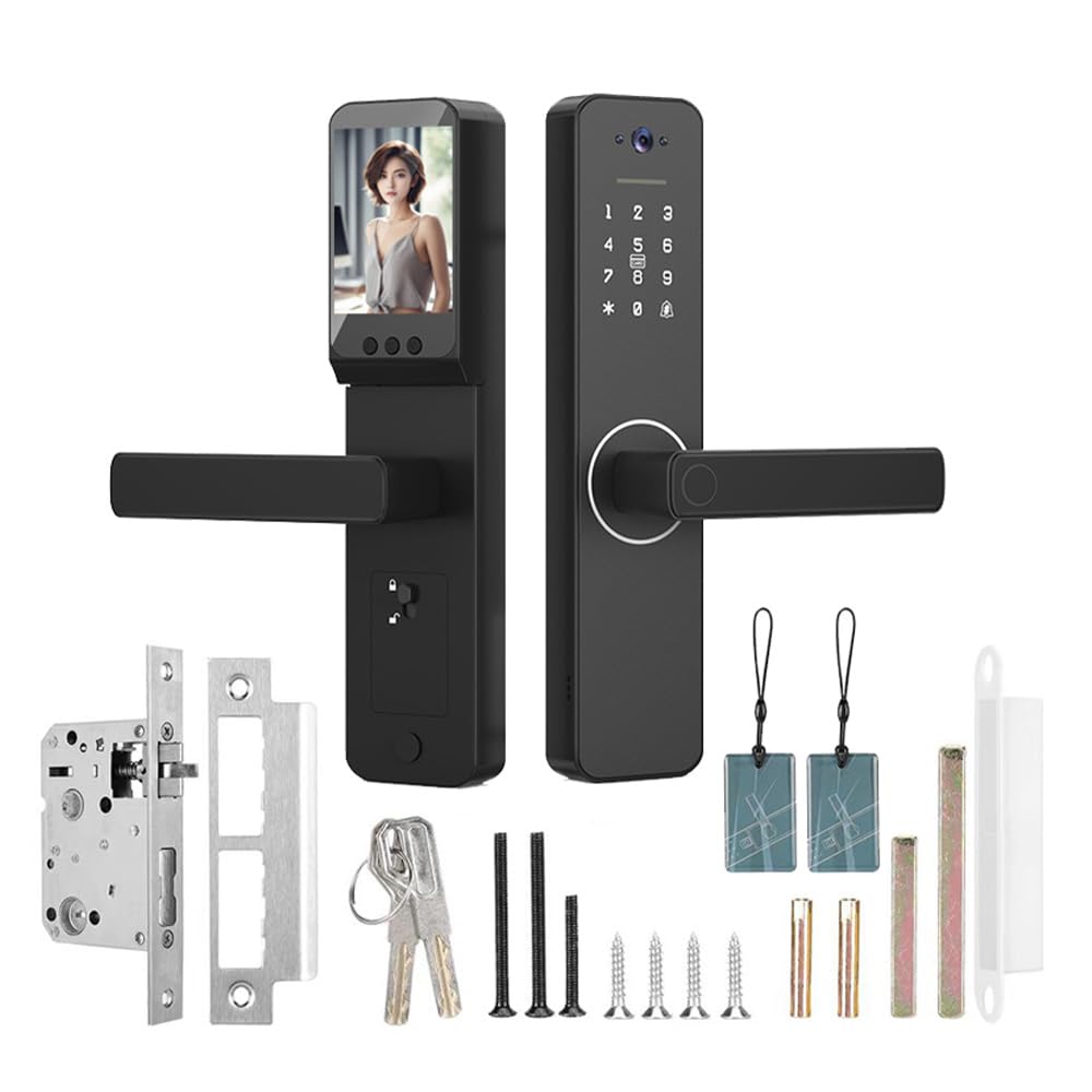Smart Lock with 120° Wide-Angle Camera and Smart Doorbell Keyless Entry Door Lock Handle Aluminum Alloy Biometric Door Lock TY App Remote Operation WiFi for 35-60mm Office Home Bedroom Door