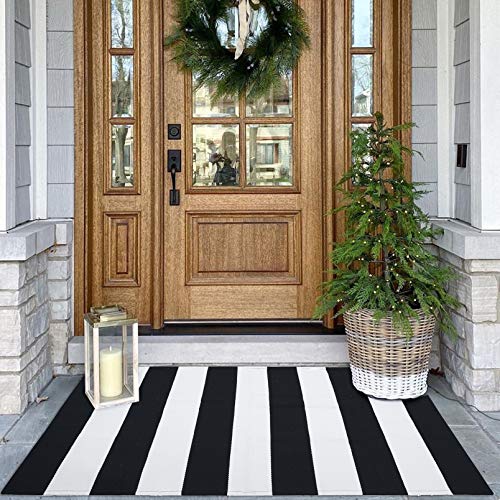 KOZYFLY Black and White Area Rug 27.5x43 Inches Striped Front Door Rug Cotton Washable Indoor Outdoor Rug Doormats Outdoor...