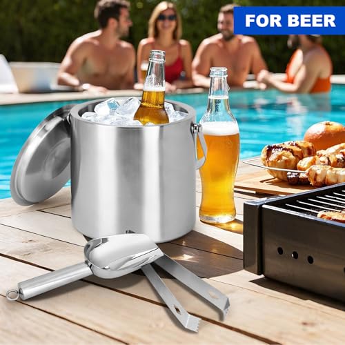 Portable Ice Buckets for Parties 3 Liter Double-Wall Ice Buckets with Lid,Scoop,Tongs,Handle -Stainless steel Ice Containe...