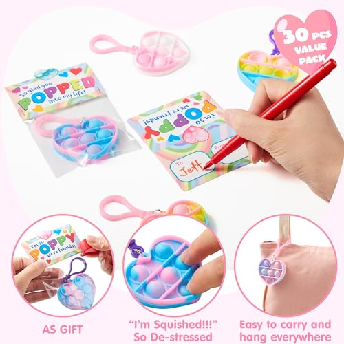 JOYIN 30 Packs Valentines Day Gifts for Kids, Heart Pop Bubble Keychain with Valentines Day Cards for Kid School Classroom...