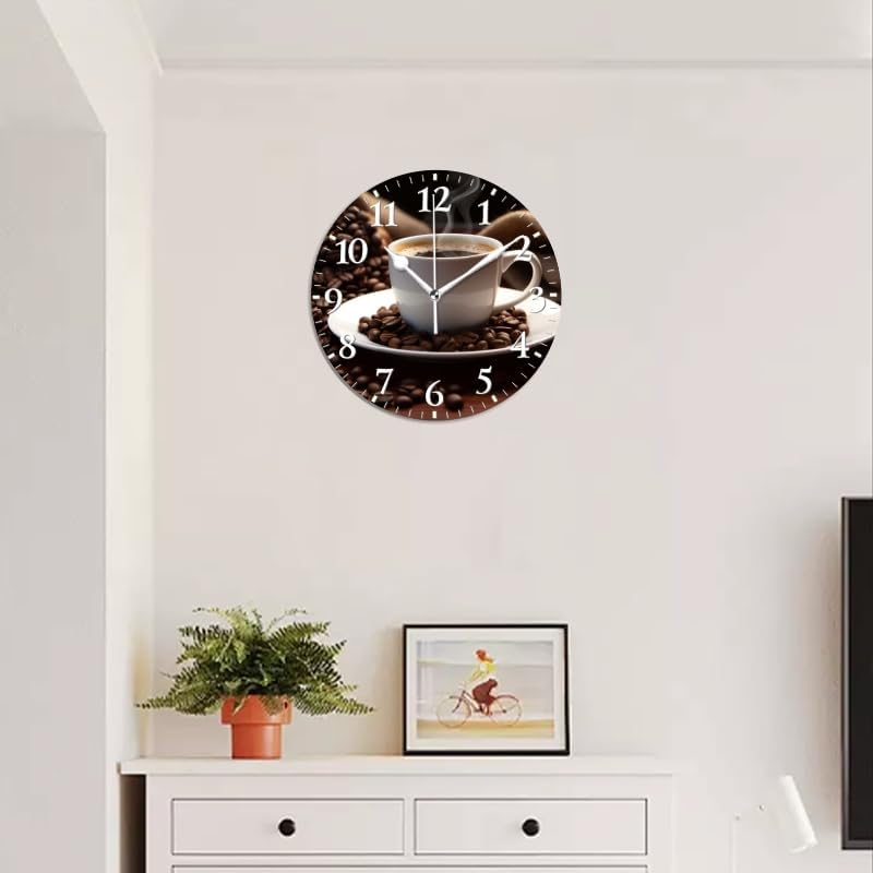 Coffee Wall Clock Non-Ticking Silent Clocks Battery Operated Analog Decor Clock for Home-Cup of Steaming Coffee Surrounded by Scattered Coffee Beans(16inch)