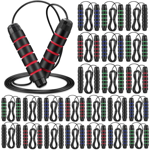 HyDren 24 Pieces Jump Ropes for Fitness with Ball Bearings Speed Jumping Bulk Adjustable Skipping Rope with Foam Handles f...