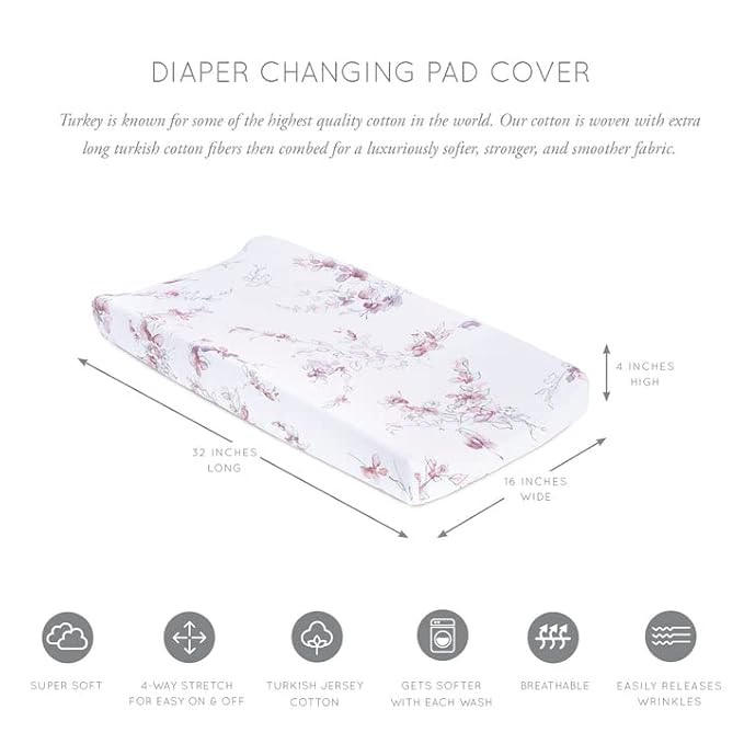Oilo Changing Pad Cover, Breathable 100% Turkish Cotton Fitted Jersey, 300 Thread Count, Machine Washable, Fits Standard Changing Pads (32" x 16"), Girl, Boy, & Neutral Nursery Design, Bella Floral