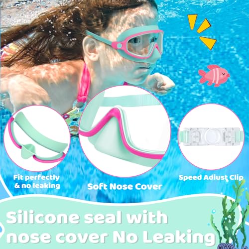 Vvinca 2 Pcs Kids-Swim-Goggles with Nose Cover, Swimming Diving Mask Wide View Anti Fog UV Anti Shattered Lens for Kids 3-5