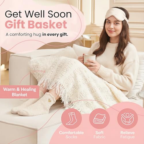 15pcs Get Well Soon Gifts Basket for Women - After Surgery, Self Care Gifts Package with Cozy Blanket, Socks, Spa Set, Car...