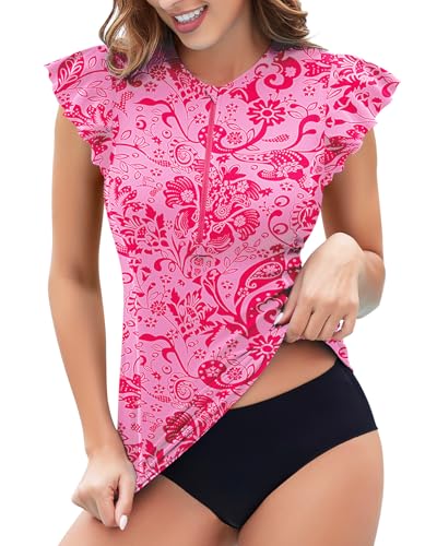Soneven Women's Swim Shirt UPF 50+ Ruffle Sleeve Rash Guard UV Sun Protection Swimsuit Top Bathing Suit No Bottom