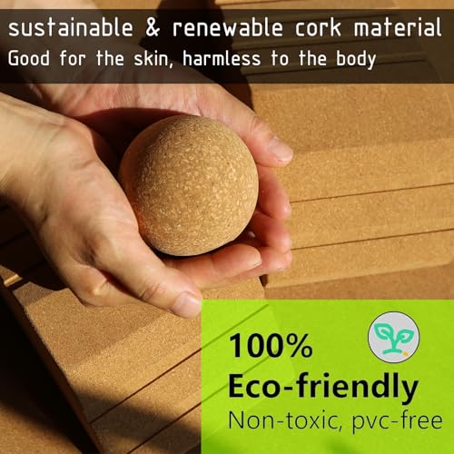 JouiiSiYa 2-in-1 Cork Yoga Blocks, 2 Pack Natural Cork Blocks - Dual-Use Squat Wedge & Yoga Block with Massage Ball