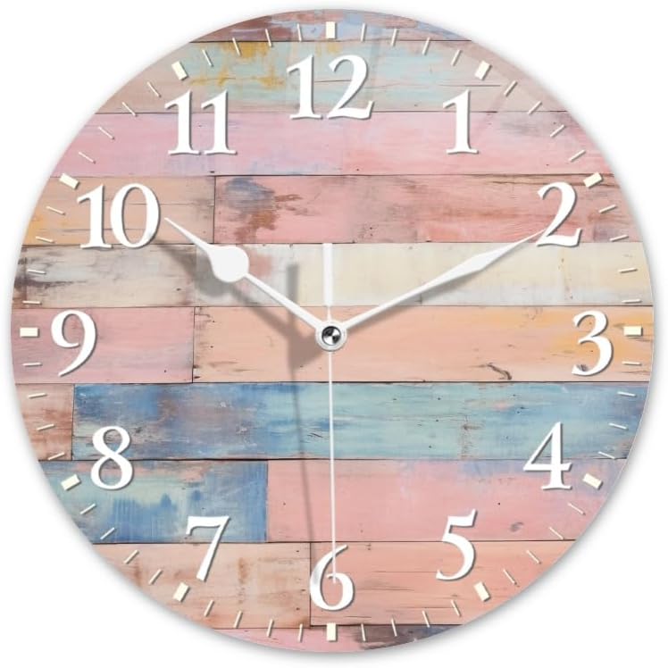 Plank Wall Clock Non-Ticking Silent Clocks Battery Operated Analog Decor Clock for Home-Colorful Pastel Pink Wooden Wall(14inch)