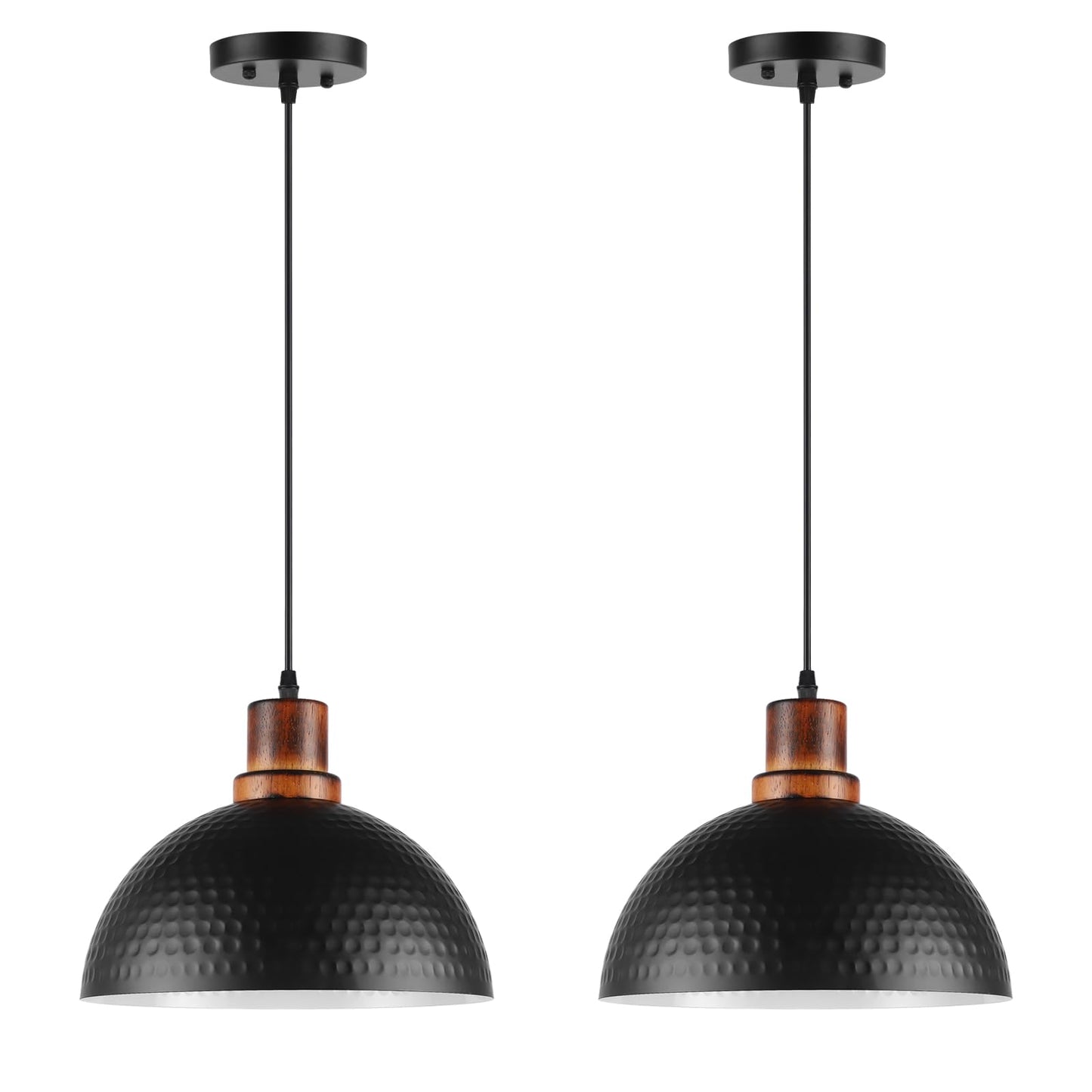 Mgcanyu Black And Wood Pendant Lights 2 Pack  11.8 Hammered Metal Dome Pendant Light Fixture Modern Black Pendant Lighting Hanging Ceiling Light For Kitchen Island Dining Living Room Restaurant