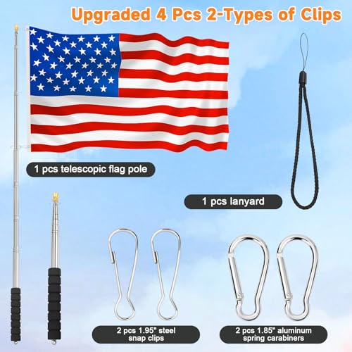 Portable Handheld Flag Pole for Carrying, 8.2Ft/2.5M Stainless Steel Telescopic Hand Held Carry Flag Pole, Telescoping Tou...