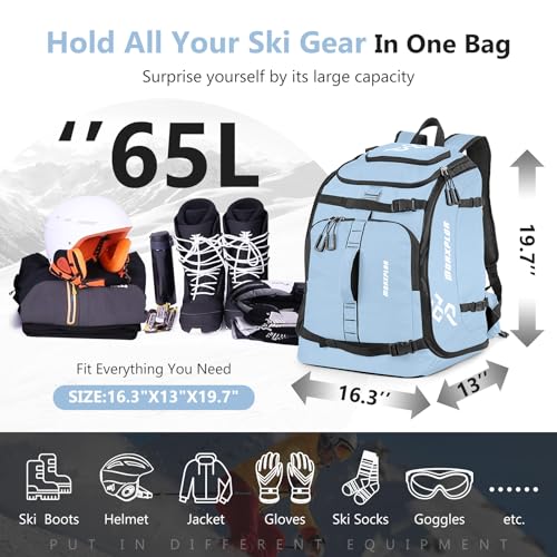 MORXPLOR Ski Boot Bag - 65L Padded, Waterproof Ski Travel Backpack for Gear & Accessories
