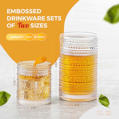 FULGNU Hobnail Drinking Glasses Set of 12, 11.8 oz Vintage Glasses Drinking Set & 10 oz Cocktail Glasses Set, Embossed Gla...