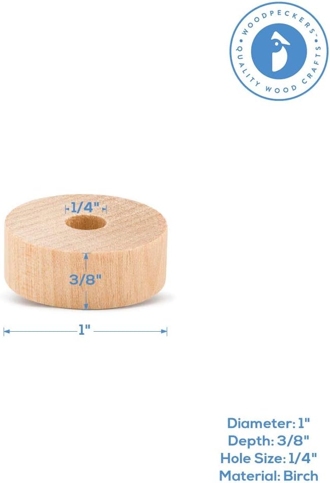 1-inch Diameter Slab Wooden Wheels for Crafts, 1/4-inch Hole, 3/8-inch Thick, Pack of 25 Mini Wooden Hobby Wheel for Model, by Woodpeckers