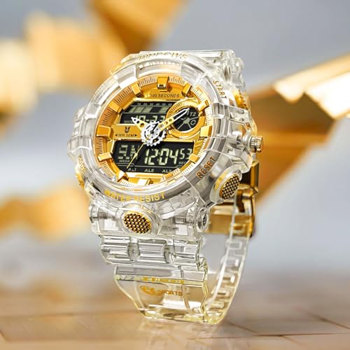 PINDOWS Watches for Men, Transparent Gold Analog Digital Dual Time 50M Waterproof, LED Backlight Multifunctional with Alar...