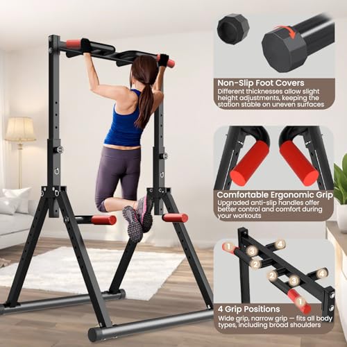 WATBKHE Power Tower Pull Up Dip Station Foldable, Pull Up Bar Station Adjustable, Multi-Function Home Gym, Strength Traini...