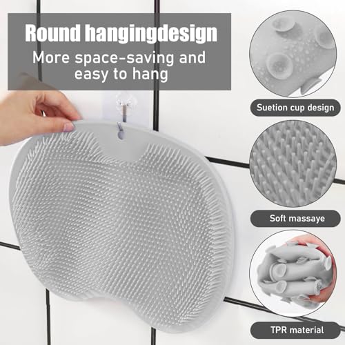 Silicone Shower Scrubber Mat Back Exfoliating Acupressure Pad Non Slip Shower Mat Massages for Men and Women,Grey