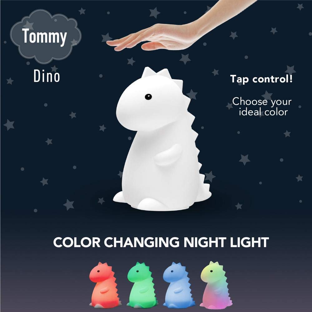 Globe Electric LED Rechargeable Silicone Night Light for Kids, Green, 1 Count, Model 13099, Multicolor Changing, Tommy The Dinosaur