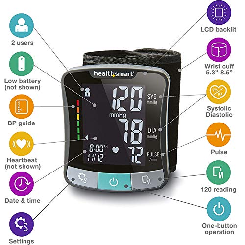 HealthSmart Digital Premium Wrist Blood Pressure Monitor with Cuff That Measures Pulse Heartbeat and High or Low BP, 120 R...
