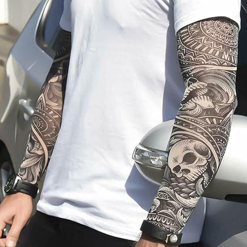 2 x Tattoo arm sleeves fake nylon elastic stocking full arm skulls halloween stretchy adult gotihic slip on biker goth got...