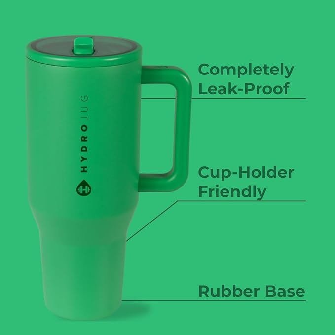 HydroJug Traveler - 40 oz Water Bottle with Handle & Flip Straw - Fits in Cup Holder, Leak Resistant Tumbler-Reusable Insulated Stainless Steel & Rubber Base - Gifts for Women & Men, Clover