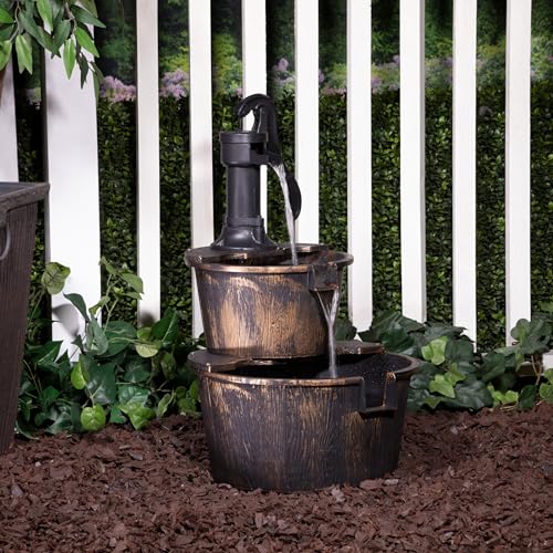 Alpine Corporation 27" Tall Rustic Outdoor 2-Tier Barrel Pump Water Fountain with Soothing Cascading Water Flow for Patio,...