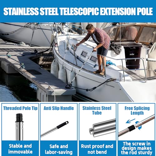 Boat Hook with 3-12Ft Adjustable Extension Pole, Stainless Steel Boat Accessories with Protective Rubber, Durable, Sturdy...