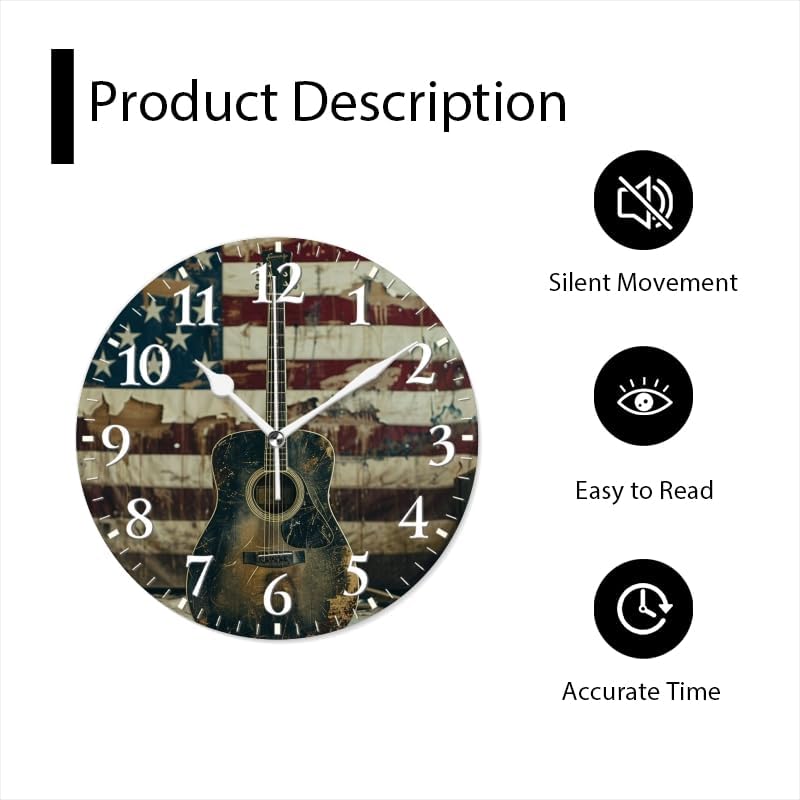 Guitar Wall Clock Non-Ticking Silent Clocks Battery Operated Analog Decor Clock for Home-Acoustic Guitar Leaning Against Old American Flag(16inch)