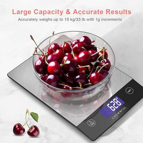 CROWNFUL Food Scale, 33lb Rechargeable 304 Stainless Steel Digital Kitchen Scale Weight Grams and Ounces with LCD Display ...