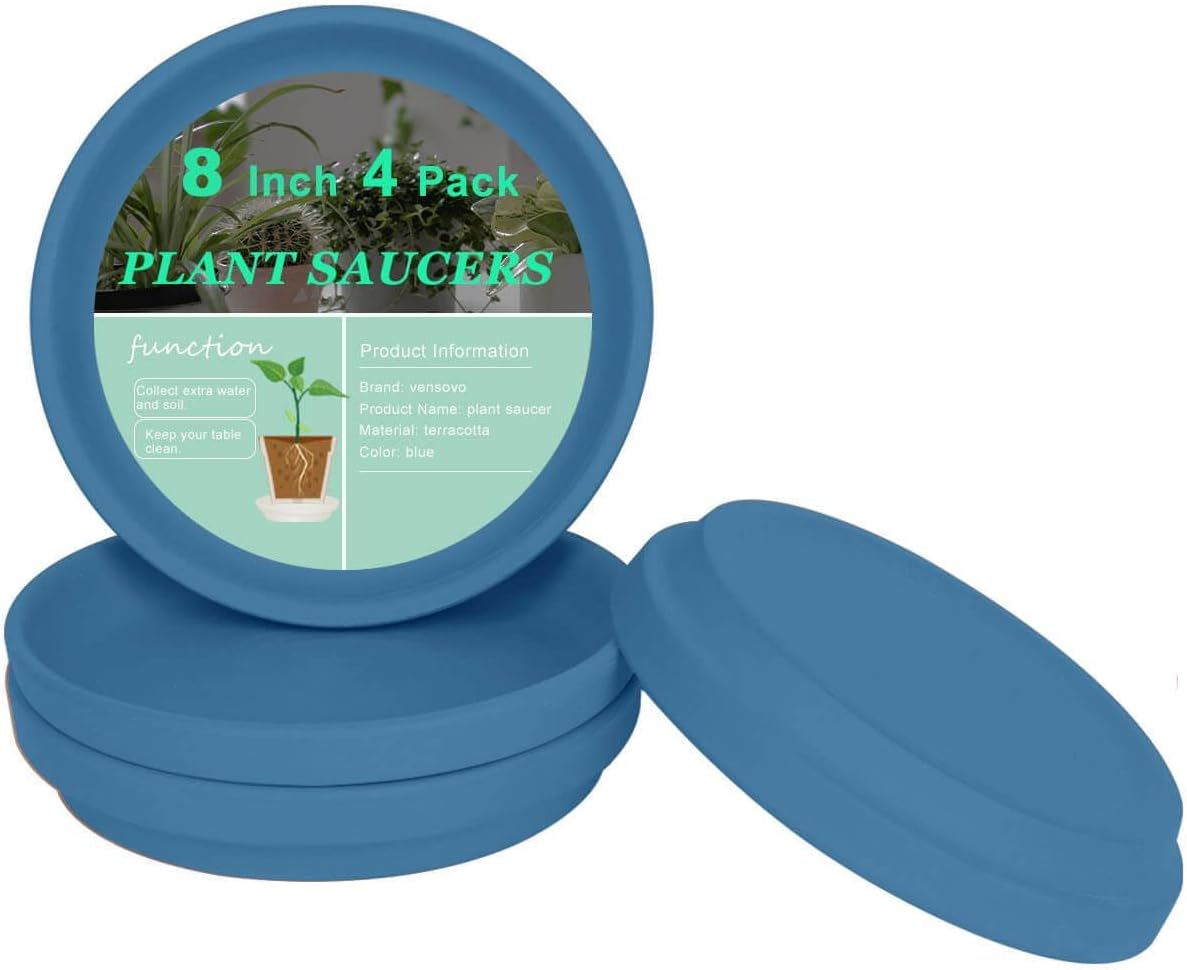 vensovo 8 Inch Steel Blue Terracotta Plant Saucer Pots Tray - 4 Pcs Round Planter Saucers for Indoor & Outdoor Plants, Large Clay Trays Perfect for 7 Inch 7.5 Inch 8 Inch Flower Pot