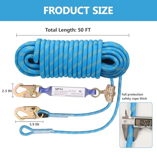 Heavy Duty Fall Protection Rope for roof & tree climbing. Includes safety harness, alloy steel clips, shock-absorbing lanyard