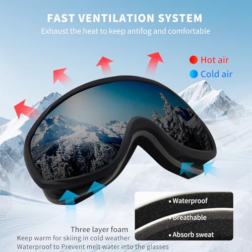 VEWOE Ski Goggles OTG for Men Women, Anti-Fog Snowboard Goggles UV400 Protection Snow Goggles for Adult Youth