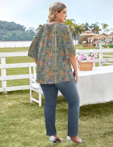 LOMON Womens Plus Size Tops Summer 3/4 Length Sleeve Crewneck Blouses Dressy Casual Loose Curvy Flowy Tunic Shirts 1X-5X