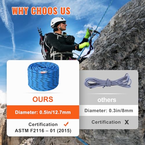 VEVOR 12.7mm Static Climbing Rope, 45.7M(150ft) Outdoor Rock Climbing Rope 30KN Breaking Tension, Fiber Rope for Escape, R...