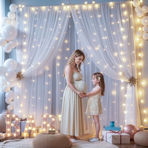 10ft x 8ft White Sheer Tulle Backdrop Curtains with Lights String Wedding Backdrop for Reception Ceremony Birthday Party B...