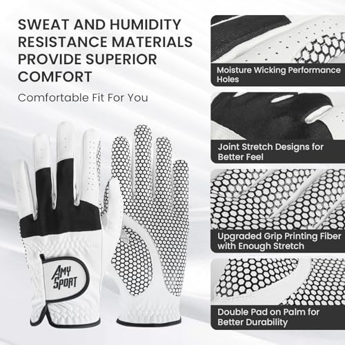 Amy Sport Upgraded Grip Golf Gloves Men Value 2 Pack for Left Right Handed Golfers, Anti Slip All Weather Comfortable Glov...
