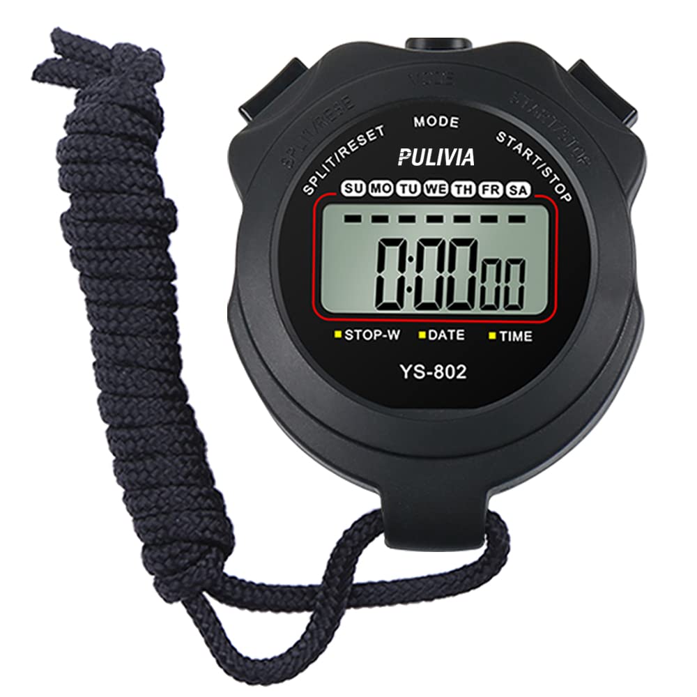 PULIVIA Sports Stopwatch Timer, Single Lap Split Digital Stop Watch for Sports Kids Coaches Swimming Running, Black