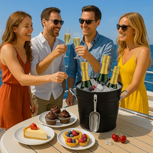 Insulated Ice Bucket with Lid Scoop Handle for Parties Cocktail Bar, 4L Round Mental Champagne Drink Wine Bucket for Drink...