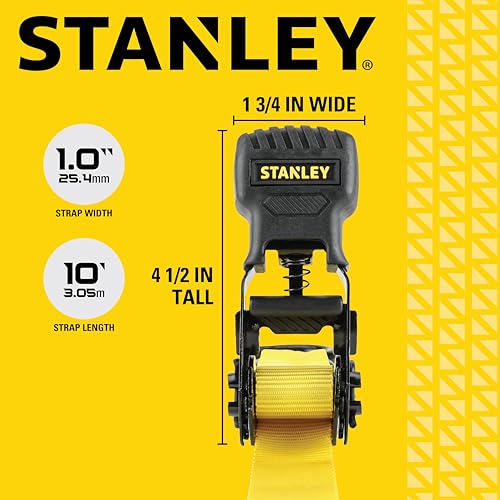 STANLEY S1000 Black/Yellow 1" x 10' Ratchet Tie Down Straps - 500 lb Safe Working Load / 1,500 lbs Break Strength, 8 Pack