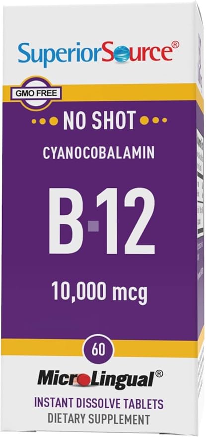 Superior Source No Shot Vitamin B-12 Cyanocobalamin 10000 mcg - Vitamin B-12 to Support Energy Production, Brain Health & Overall Wellness - Sublingual Tablets - 60 Dissolvable Tablets