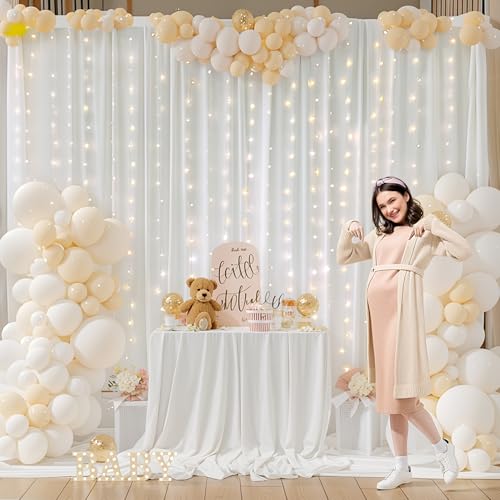 10ft x 10ft White Chiffon Backdrop Curtain with Lights String for Parties,2 Panels Sheer Tulle Curtain Wedding Backdrop wi...