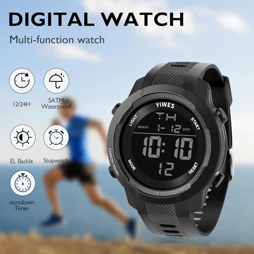 Men's Digital Sports Military Watch,Outdoor Running Timer,Waterproof Watch,Alarm Clock,Dual time 12/24 Carbon Fiber Compos...