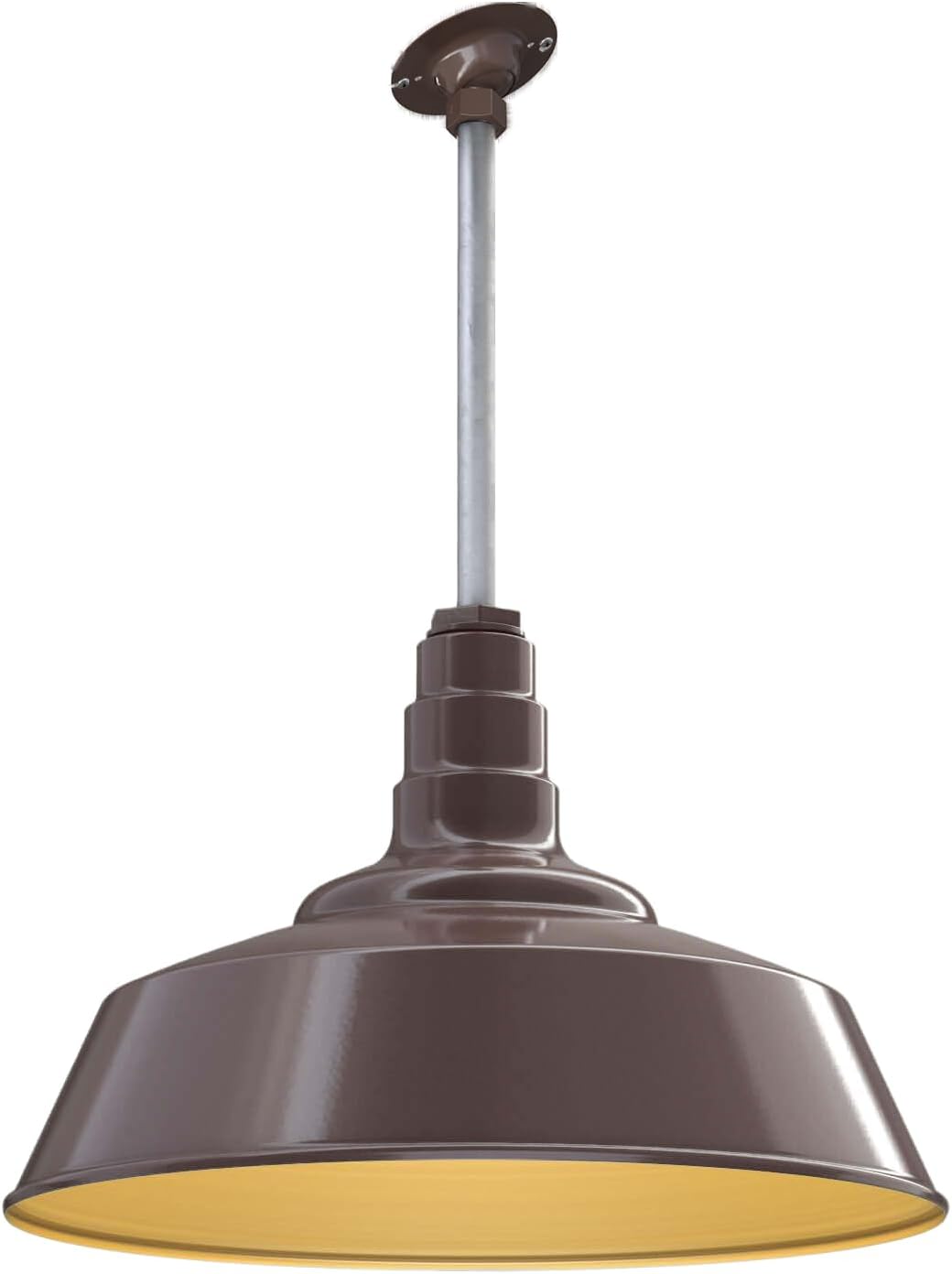 Steel Lighting Co. Manhattan Warehouse Light | Ceiling Mounted Pendant | 20 inch Dome | 12 inch Galvanized Sloped Stem | Large Steel Barn Light Made in America | Dark Bronze Exterior/Brass Interior