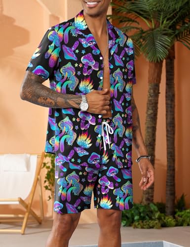 LecGee Men's Rave Outfits Hawaiian Shirts and Shorts Sets 2 Pieces Retro 80s 90s Outfit
