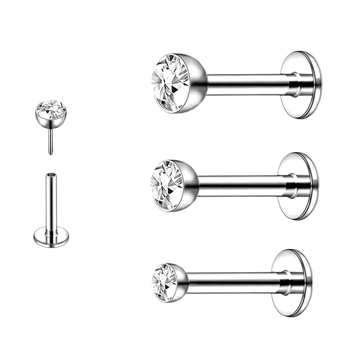 FLOGWE Implant Grade Titanium Lip Stud Rings 20G 6mm Barbell Threadless Push-in Flat Back Nose Stud Ring Earring Stud CZ 2mm 2.5