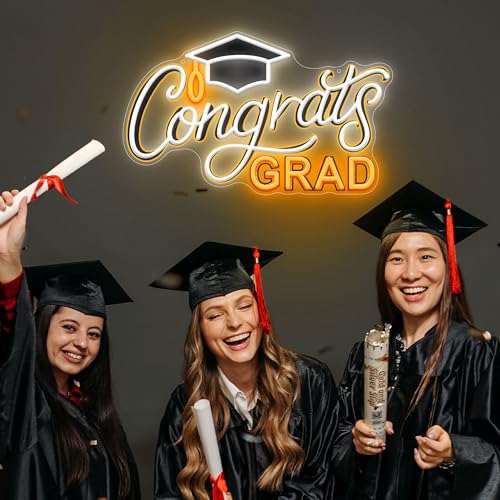 SELICOR Congrats Graduation Neon Sign with Cap - 15" x 8", Adjustable LED Light Up Sign for Prom Party, Photos, Class of 2...